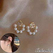 【卡樂熊】s925銀針韓系珍珠玫瑰圈造型耳環飾品- 金色