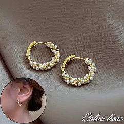 【卡樂熊】s925銀針韓系珍珠纏繞造型耳環/耳扣飾品─ 金色
