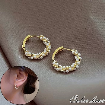 【卡樂熊】s925銀針韓系珍珠纏繞造型耳環/耳扣飾品- 金色