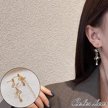 【卡樂熊】S925銀韓系雙蝶吊墜造型耳環飾品- 金色