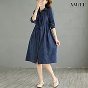 【AMIEE】緹花七分袖收腰綁帶襯衫洋裝(2色/M-2XL/KDDY-6555) XL 藏青色