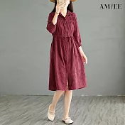 【AMIEE】緹花七分袖收腰綁帶襯衫洋裝(2色/M-2XL/KDDY-6555) M 酒紅色