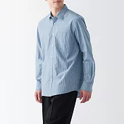 【MUJI 無印良品】男棉水洗平織布長袖襯衫 M 深藍直紋