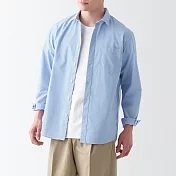 【MUJI 無印良品】男棉水洗平織布長袖襯衫 L 淡藍