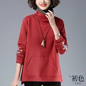 【初色】高領保暖加絨加厚假兩件休閒刺繡T恤上衣-共3色-65612(M-2XL可選) M 紅色