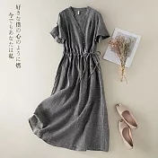 【慢。生活】文藝復古細格紋棉麻V領收腰連衣裙 2762  FREE 深灰色