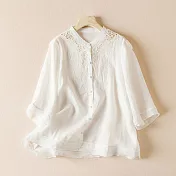 【ACheter】 鏤空拼接純色筒約棉麻感襯衫五分袖寬鬆短版上衣# 118698 L 白色