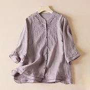【ACheter】 鏤空拼接純色筒約棉麻感襯衫五分袖寬鬆短版上衣# 118698 L 紫色