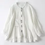 【ACheter】 棉麻感襯衫寬鬆休閒顯瘦長袖薄款上衣防曬短版# 118699 L 白色