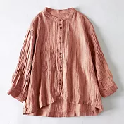 【ACheter】 棉麻感襯衫寬鬆休閒顯瘦長袖薄款上衣防曬短版# 118699 L 粉紅色