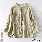 【ACheter】 棉麻感襯衫寬鬆休閒顯瘦長袖薄款上衣防曬短版# 118699 L 綠色