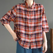 【ACheter】 原創文藝五分袖格子襯衫寬鬆復古單排扣短版上衣# 118703 L 紅色