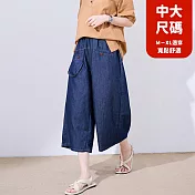 【慢。生活】薄款不規則口袋設計八分牛仔闊腿褲 88015  FREE 深藍色