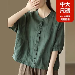 【慢。生活】棉麻復古寬鬆落肩五分袖無領襯衫 3668 FREE 綠色