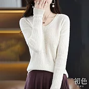 【初色】V領純色刺繡長袖針織衫上衣-共7色-64143(F可選) F 米白色