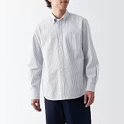 【MUJI 無印良品】男有機棉水洗牛津布扣領長袖襯衫 XL 深藍直紋