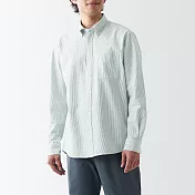 【MUJI 無印良品】男有機棉水洗牛津布扣領長袖襯衫 XL 深綠直紋