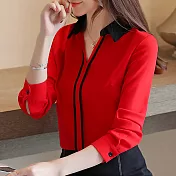 【MsMore】 襯衫長袖V領撞色上衣韓範套頭雪紡襯衫短版# 118670 L 紅色