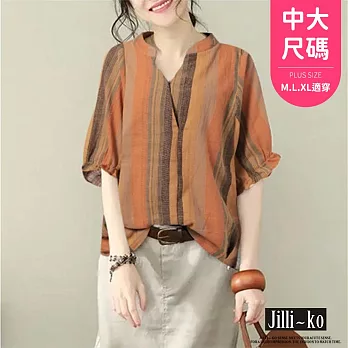 【Jilli~ko】V領時尚寬鬆條紋印花寬鬆襯衫 J10907  FREE 橘色