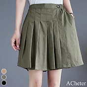 【ACheter】 簡約棉質百褶休閒寬鬆顯瘦防走光闊腿後鬆緊腰短裙褲# 119006 2XL 軍綠色
