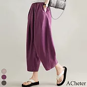 【ACheter】 休閒褲原創純色直筒棉麻感簡約時尚拼接鬆緊高腰哈倫九分長褲# 119010 M 紫色