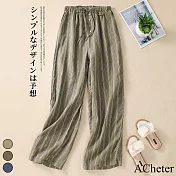 【ACheter】 高端棉麻感條紋休閒鬆緊高腰直筒闊腿褲百搭寬鬆長褲# 119011 M 綠色