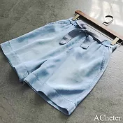 【ACheter】 萊賽爾蝴蝶結天絲質感鬆緊高腰闊腿牛仔短褲# 119031 M 藍色