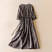 【ACheter】 苧麻感連身裙七分袖圓領休閒寬鬆版長版洋裝# 119035 M 灰色