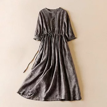 【ACheter】 苧麻感連身裙七分袖圓領休閒寬鬆版長版洋裝# 119035 M 灰色