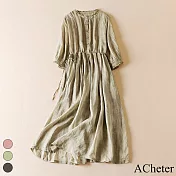 【ACheter】 苧麻感連身裙七分袖圓領休閒寬鬆版長版洋裝# 119035 M 綠色