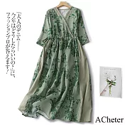 【ACheter】 復古文藝印花拼接連身裙寬鬆顯瘦V領國風七分袖長裙洋裝# 119053 M 綠色