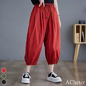 【ACheter】 休閒七分褲寬鬆復古時尚哈倫褲鬆緊腰頭# 119005 L 紅色