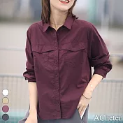 【ACheter】 文藝休閒棉純色長袖襯衫寬鬆短版上衣# 119027 L 深紫色
