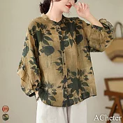 【ACheter】 復古苧麻感襯衫寬鬆百搭長袖休閒薄款印花短版上衣# 119033 M 綠色