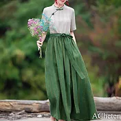 【ACheter】 民族風條紋印花連身裙改良旗袍文藝撞色長裙短袖洋裝# 119049 XL 綠色