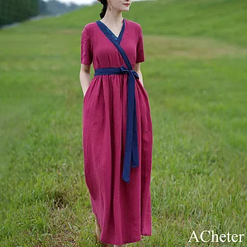 【ACheter】 民族風棉麻連身裙短袖文藝復古V領寬鬆顯瘦長裙洋裝# 119056 M 酒紅色
