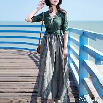 【ACheter】 漢服改良連身裙復古文藝棉麻短袖減齡氣質顯瘦長裙洋裝# 119059 M 綠色