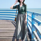 【ACheter】 漢服改良連身裙復古文藝棉麻短袖減齡氣質顯瘦長裙洋裝# 119059 XL 綠色