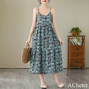 【ACheter】 法式減齡寬鬆大碼度假風花色V領吊帶長裙洋裝# 119060 M 藍色