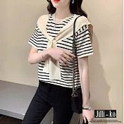 【Jilli~ko】假披肩造型經典條紋冰絲針織衫 401  FREE 杏色