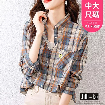 【Jilli~ko】方塊笑臉貼布繡配色格子寬鬆襯衫 J10936  FREE 藍色