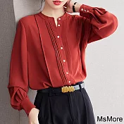【MsMore】 磚紅色雪紡垂感襯衫寬鬆長袖純色百搭短版上衣# 118706 M 磚紅色