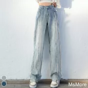 【MsMore】 高腰闊腿牛仔褲時尚顯瘦寬鬆垂感拖地直筒長褲# 118814 M 藍色