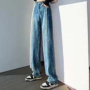 【MsMore】 高腰闊腿牛仔褲時尚顯瘦寬鬆垂感拖地直筒長褲# 118814 M 牛仔藍色