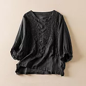 【ACheter】 復古文藝寬鬆純色刺繡上衣時尚圓領七分袖短版上衣# 119063 L 黑色