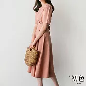 【初色】圓領素色收腰短袖中長裙洋裝-共3色-68693(M-XL可選) M 粉色