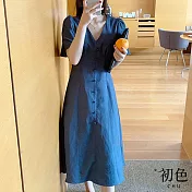 【初色】復古優雅排扣V領泡泡短袖高腰中長裙連身裙洋裝-共2色-68694(M-XL可選) M 藍色