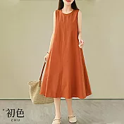 【初色】純色寬鬆圓領無袖背心裙A字裙連身裙中長裙洋裝-共2色-68883(M-2XL可選) XL 棕紅色