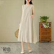 【初色】純色寬鬆圓領無袖背心裙A字裙連身裙中長裙洋裝-共2色-68883(M-2XL可選) XL 米色