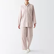 【MUJI 無印良品】女有機棉無側縫二重紗織家居睡衣 L 粉紅格紋